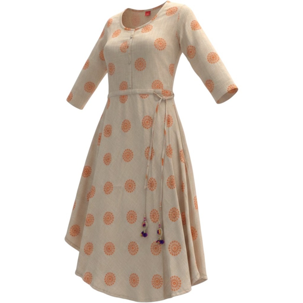 M.B. Womens XL Kurti Dress Orange Mandala Print Pom Pom Tassel Midi Beige